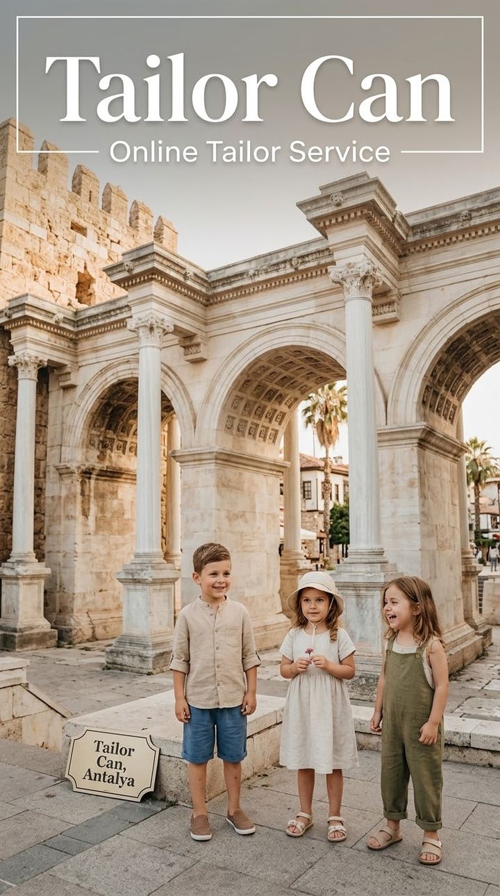Drei Kinder in Leinenhemd, Kleid und Latzhose am Hadriantor — Stilbeispiel Kinder