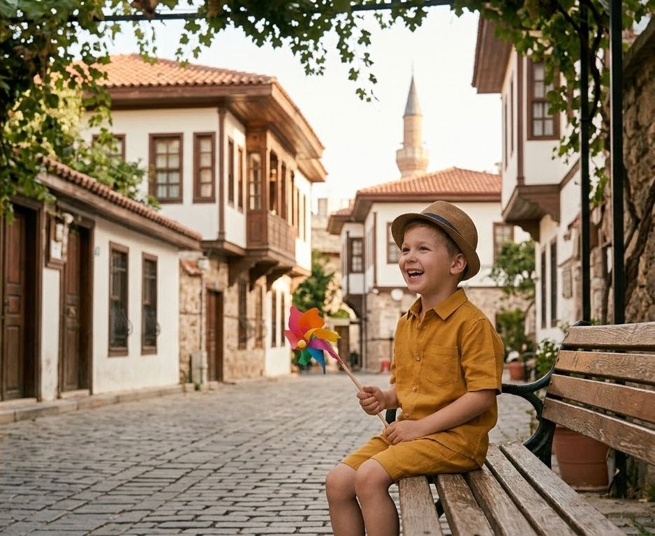 Junge in senffarbenem Leinenhemd und Shorts auf einer Bank in Kaleiçi — Stilbeispiel Kinder