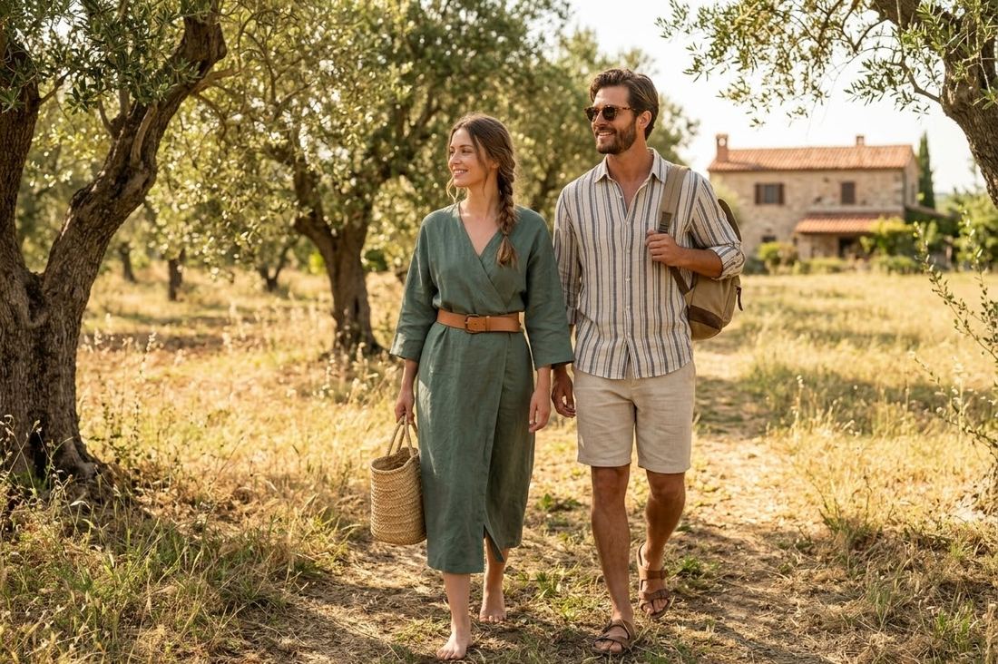 Couple in a green linen wrap dress and linen shirt among olive trees — style example