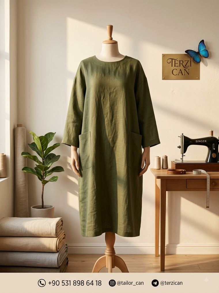 Olivgrünes Leinenkleid mit Taschen auf der Puppe in der Werkstatt von Terzi Can