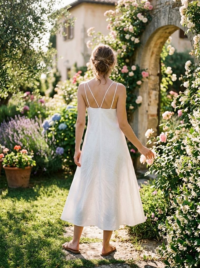 Weißes Leinen-Sommerkleid mit dünnen Trägern im Garten — Stilbeispiel