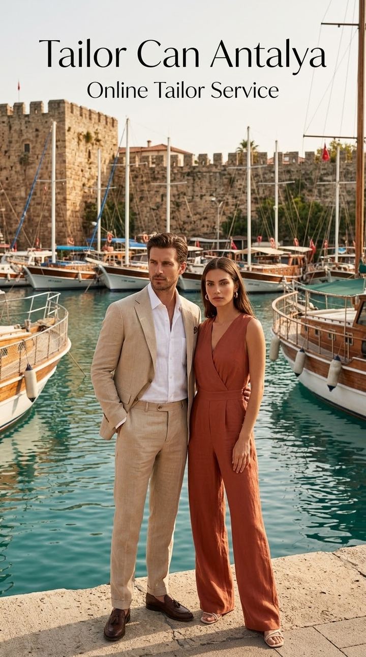 Couple in a linen blazer, linen trousers and a linen jumpsuit at Antalya marina — style example