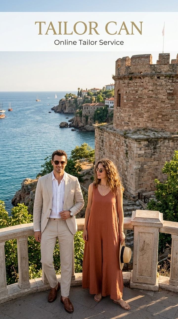 Unstructured linen jacket and relaxed linen dress at Kaleiçi viewpoint, Antalya — style example