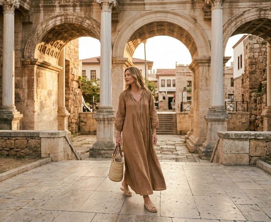 Braunes Leinen-Maxikleid mit Stickerei am Ausschnitt am Hadriantor, Antalya — Stilbeispiel