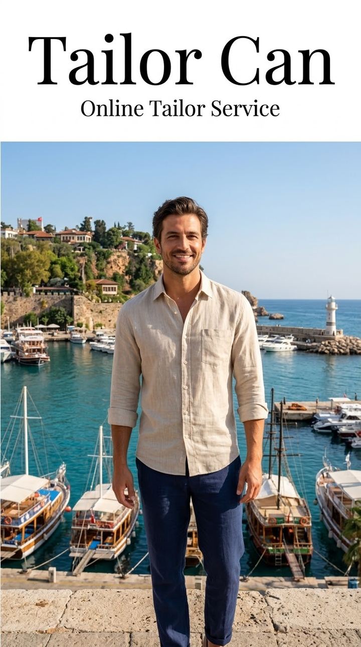 Beige linen shirt with navy trousers at Antalya harbour — style example