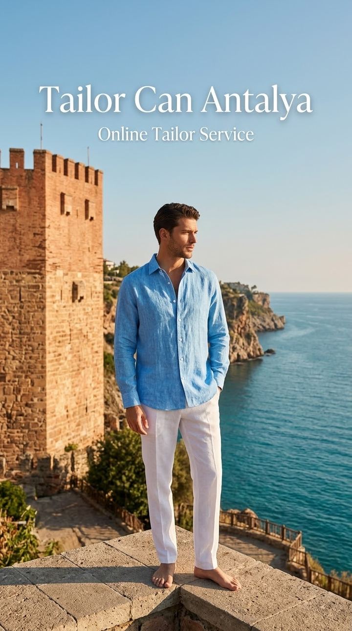 Linen shirt and white linen trousers at the Antalya coast — style example